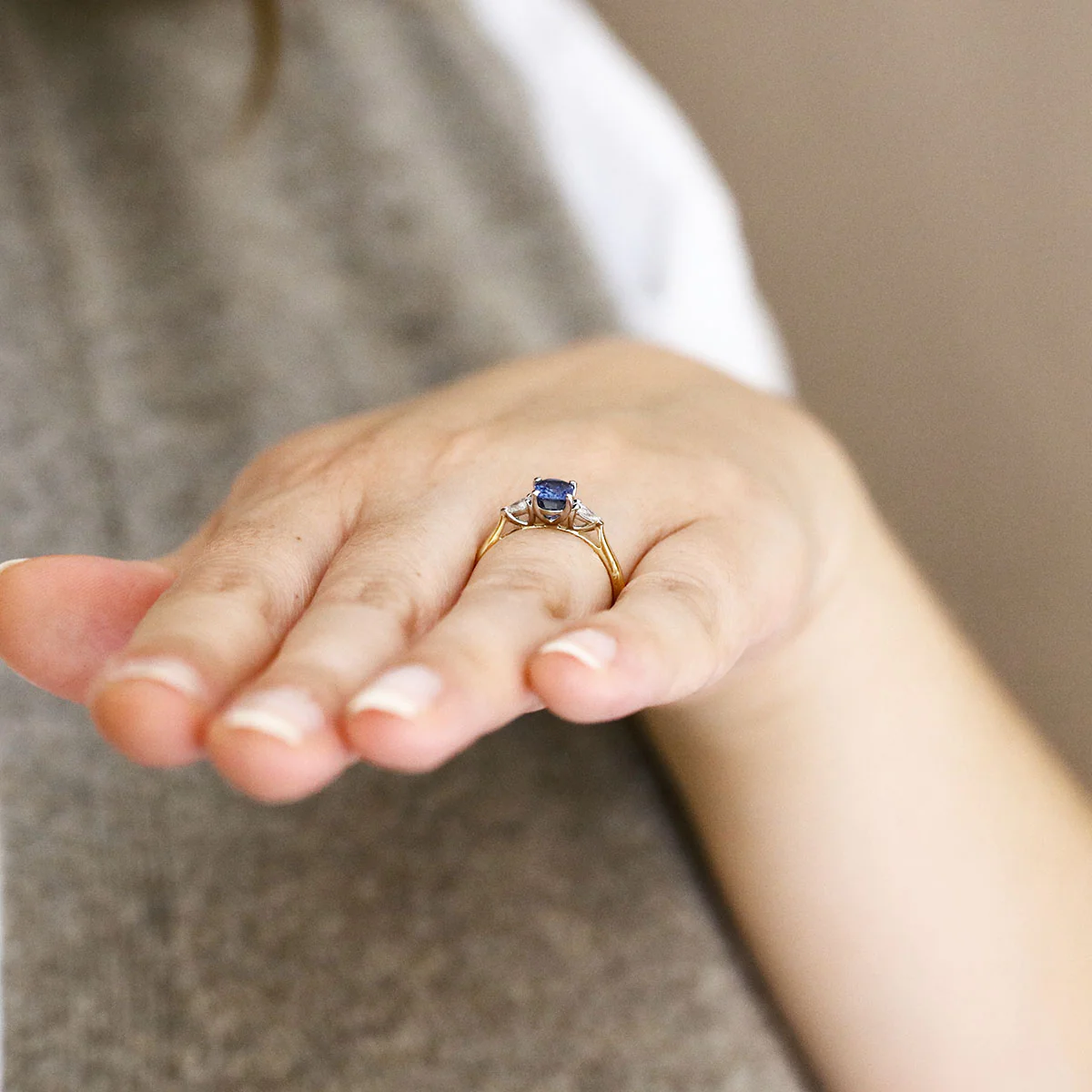 Heirloom Collection 1.29ct Cushion Cut Blue Sapphire & Pear Cut Diamond Three Stone Ring | 18K Yellow Gold with Platinum Setting - Image 8