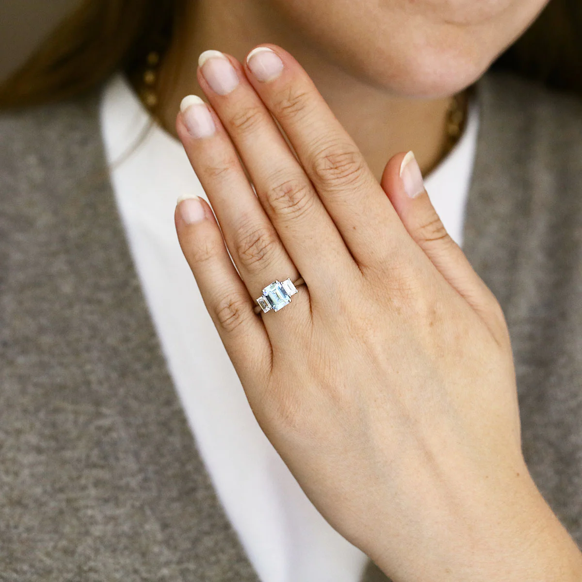 Heirloom Collection 1.53ct Aquamarine & 0.67ct  Emerald Cut Diamond Three Stone Ring | Platinum - Image 6
