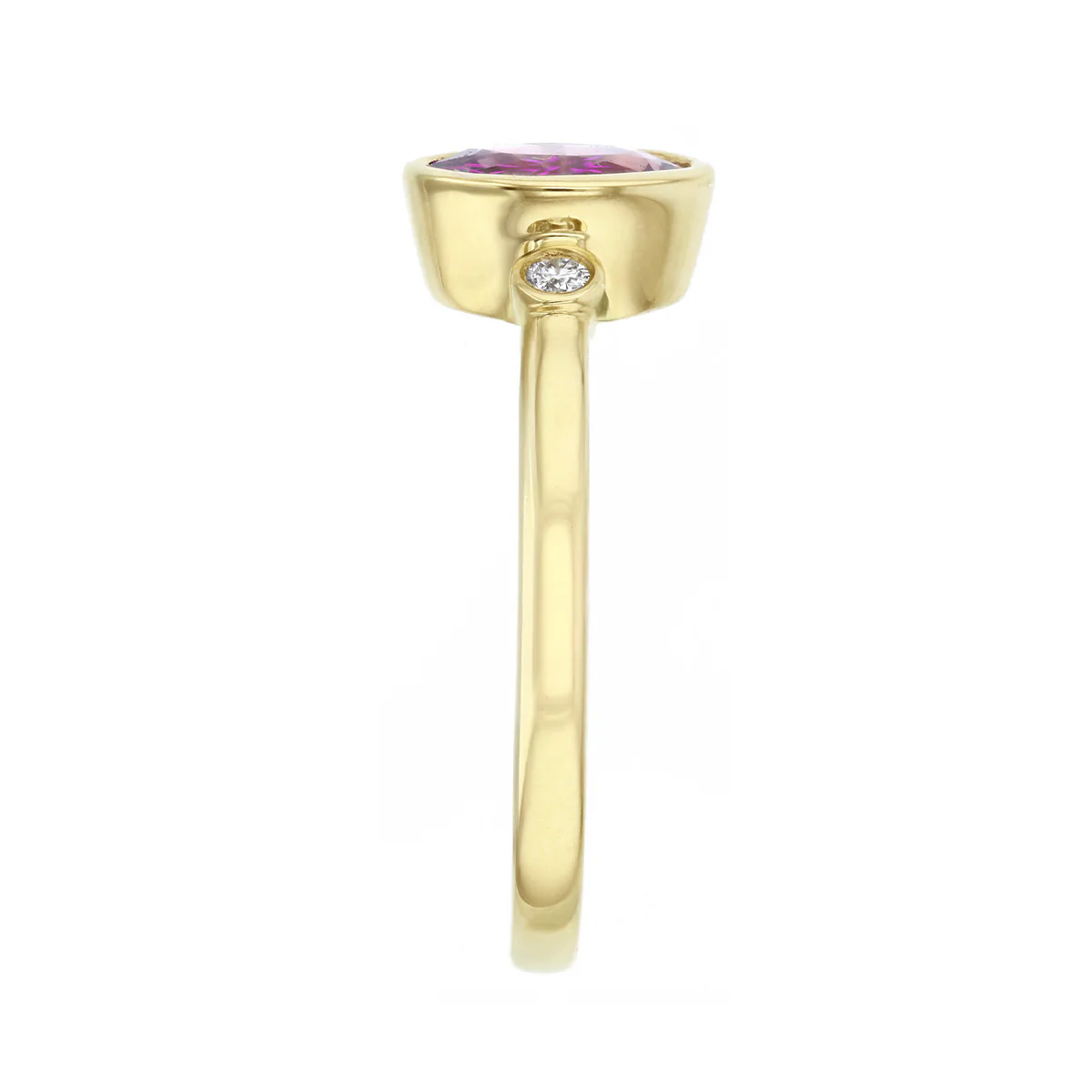 Heirloom Collection Oval Pink Sapphire and 0.05ct Diamond Bezel Set Three Stone Ring | 9K Yellow Gold - Image 4