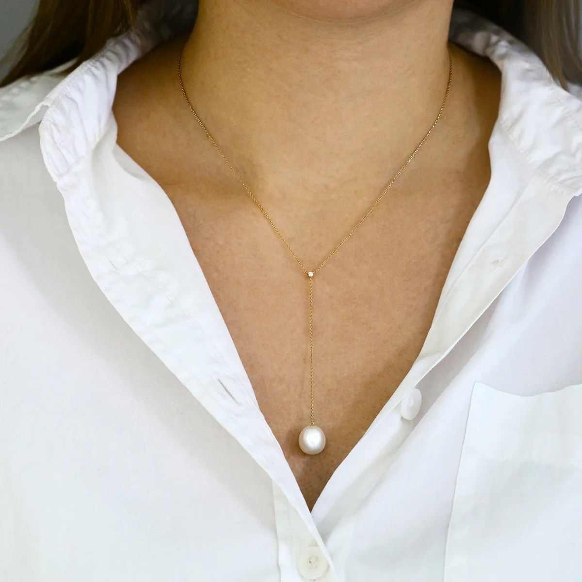 Mizuki Sea of Beauty Collection 12mm Pearl and Diamond "Y" Necklace - Image 3