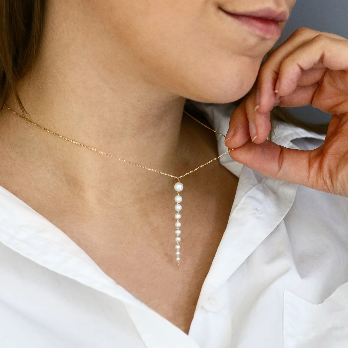 Mizuki Sea of Beauty Collection Cascading Akoya Pearl Drop Necklace | 14K Yellow Gold - Image 4