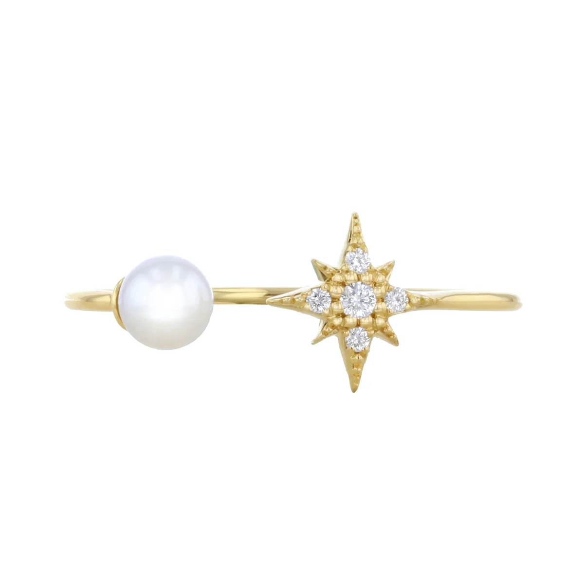 Mizuki Sea of Beauty Collection Diamond Star & Freshwater Pearl Open Ring | 14K Yellow Gold - Image 2
