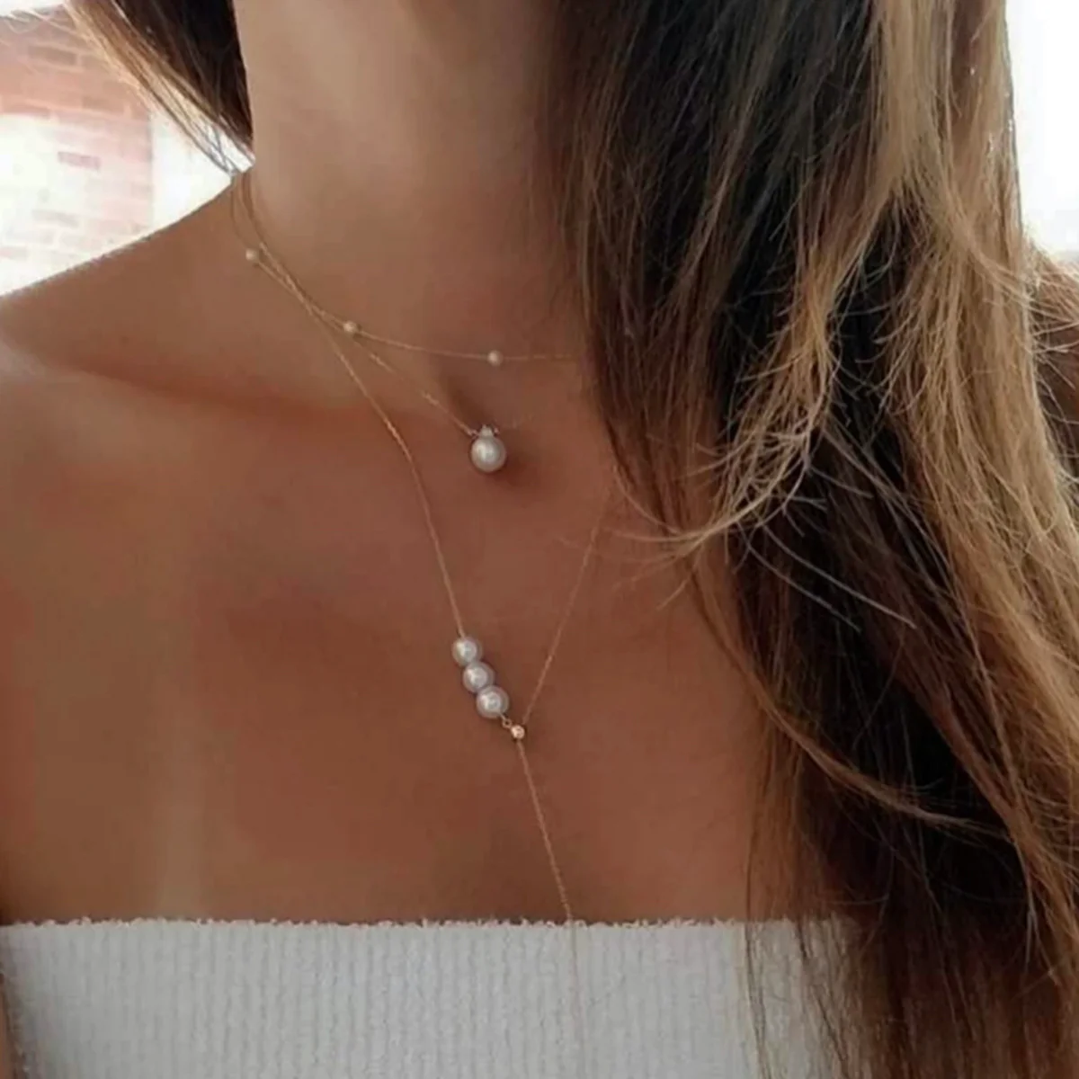 Mizuki Sea of Beauty Collection Three Akoya Pearl  Lariat | 14K Yellow Gold - Image 2