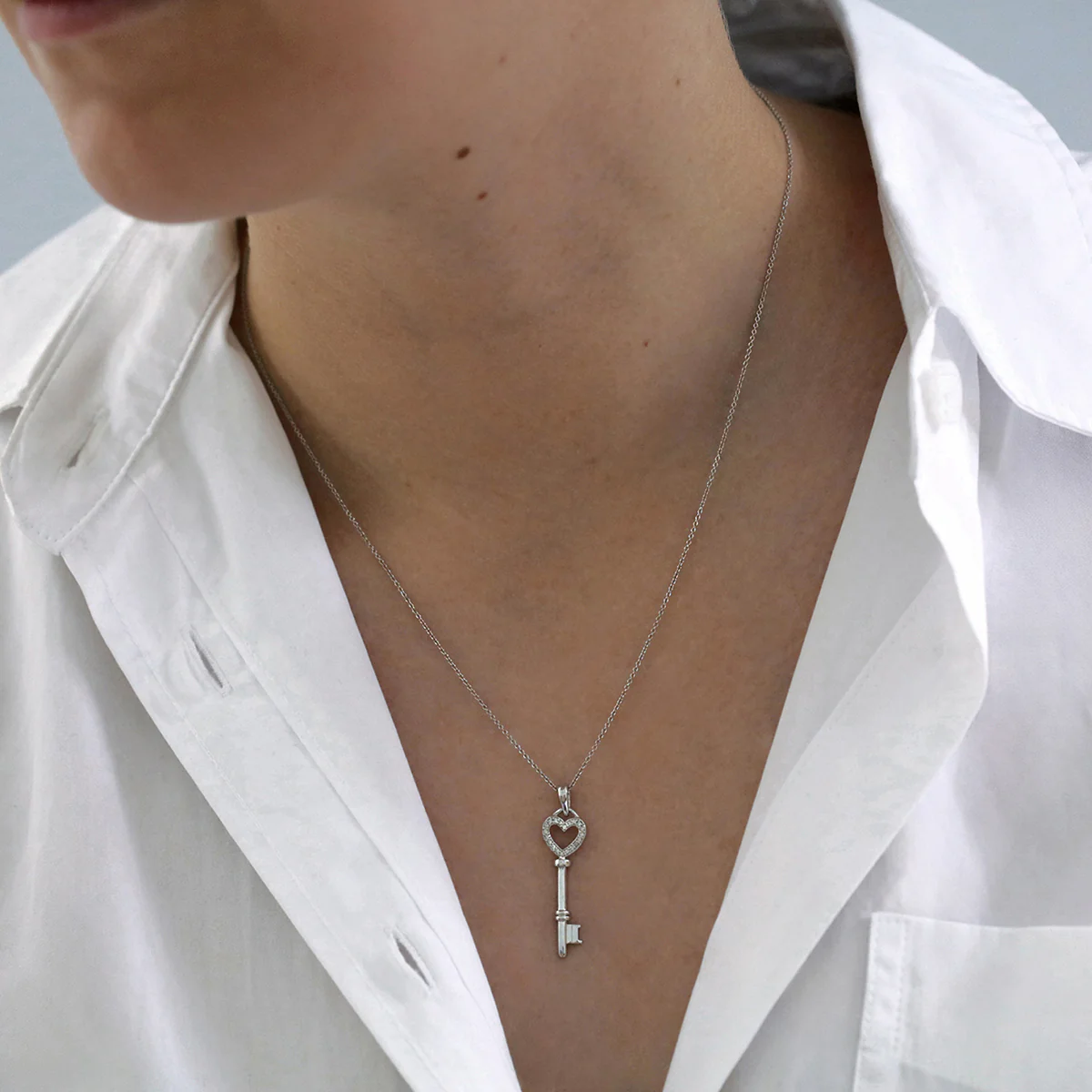 Open Heart Diamond Key Pendant | 9K White Gold - Image 5