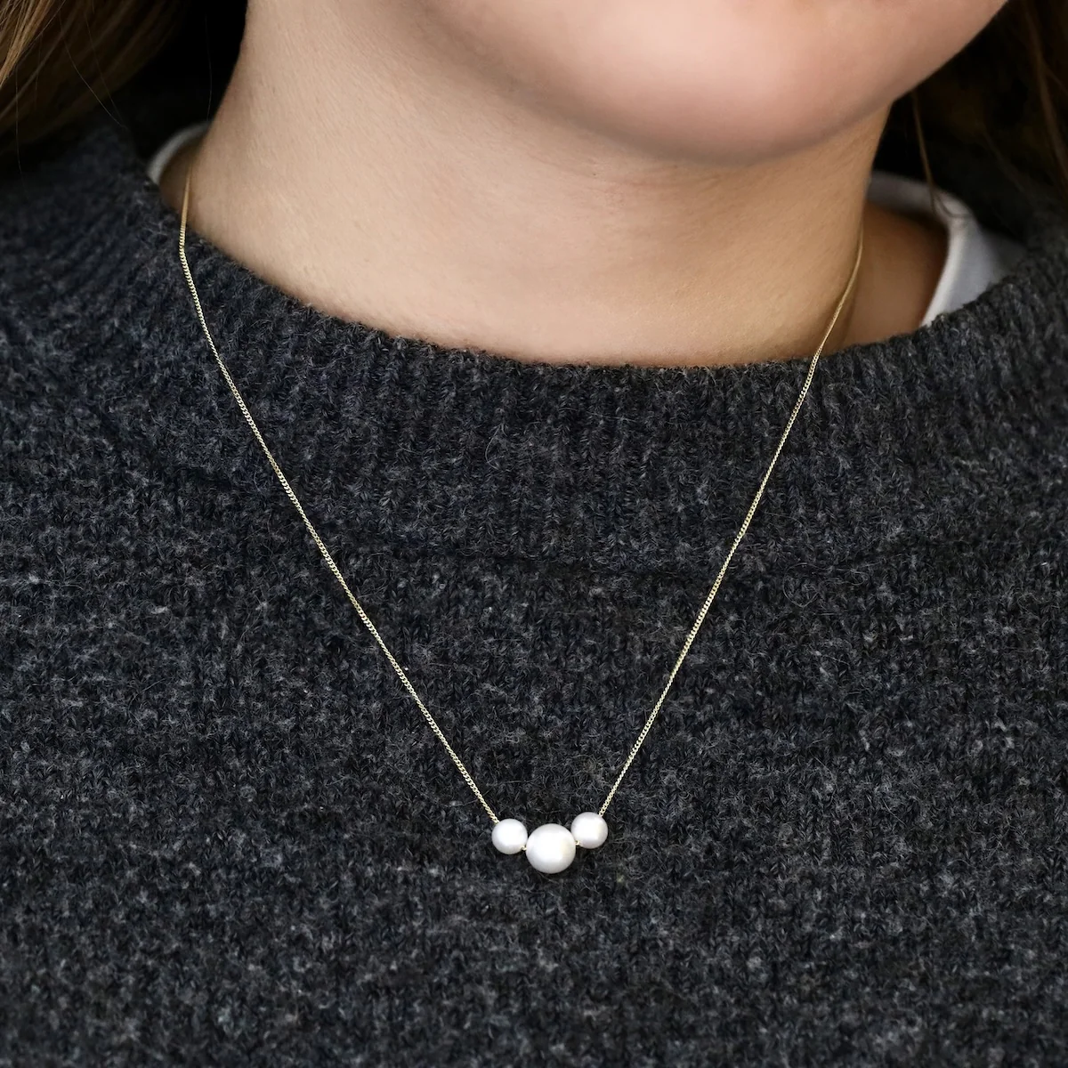 Pearlessence Collection 18" Sliding Trio White Cultured River Pearl Necklace | 9K Yellow Gold - Image 3