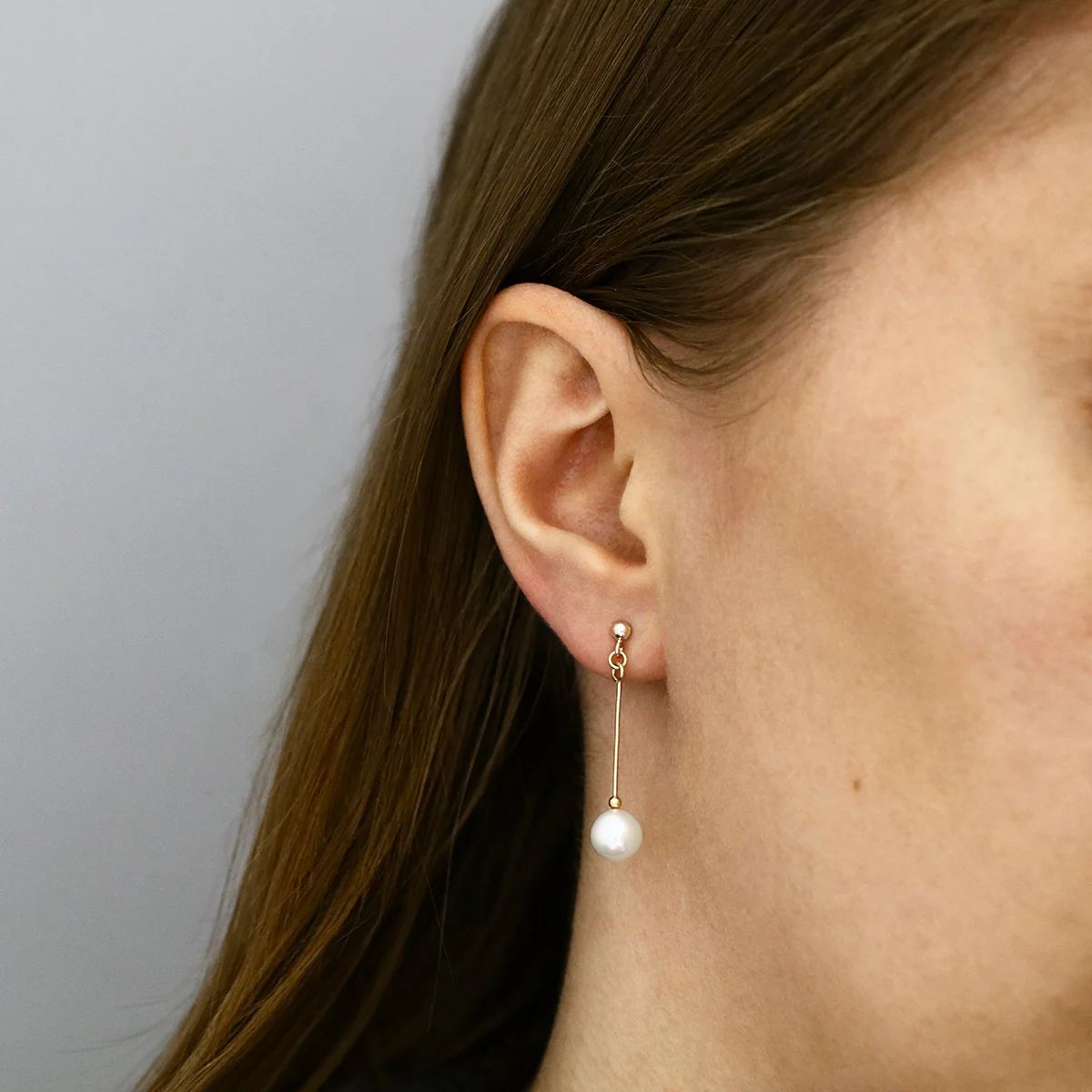 Pearlessence Collection 7.5-8mm White Round Cultured River Pearl Drop Earrings | 9K Yellow Gold - Image 3