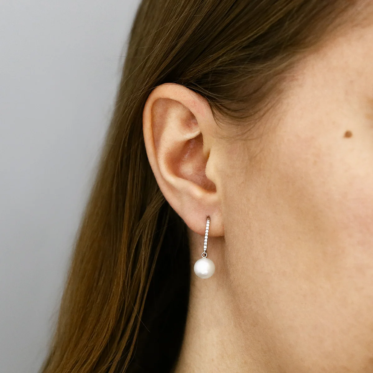 Pearlessence Collection White Cultured River Pearl Drop Earrings With  Diamond Shepherds Crook Fittings | 18K White Gold - Image 3