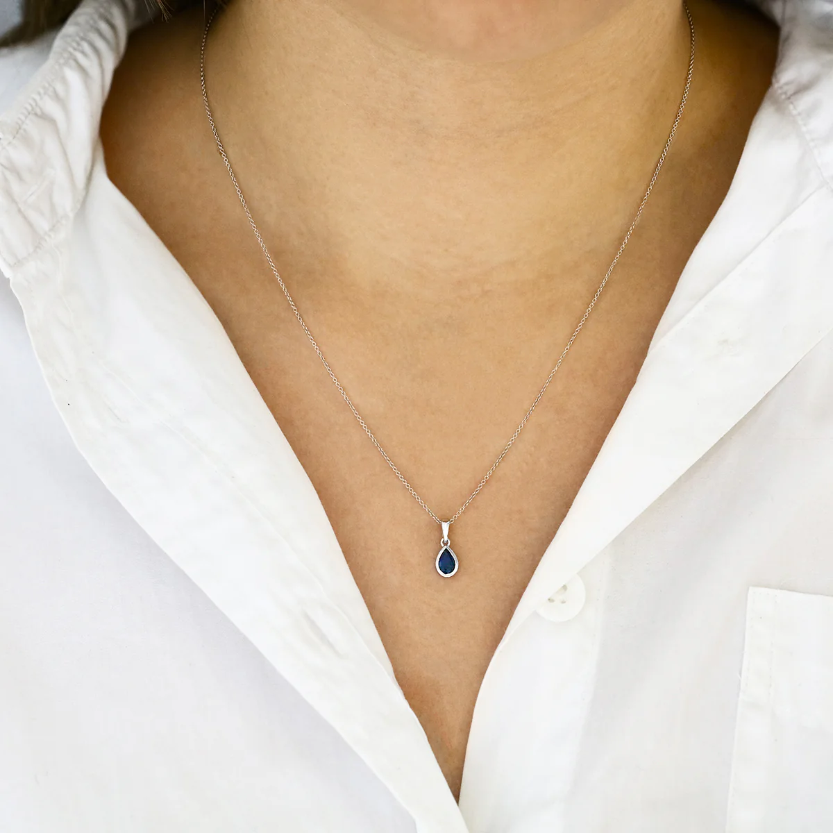Personalised Birthstone Pear Cut Rubover Necklace | 9K White Gold - Image 11