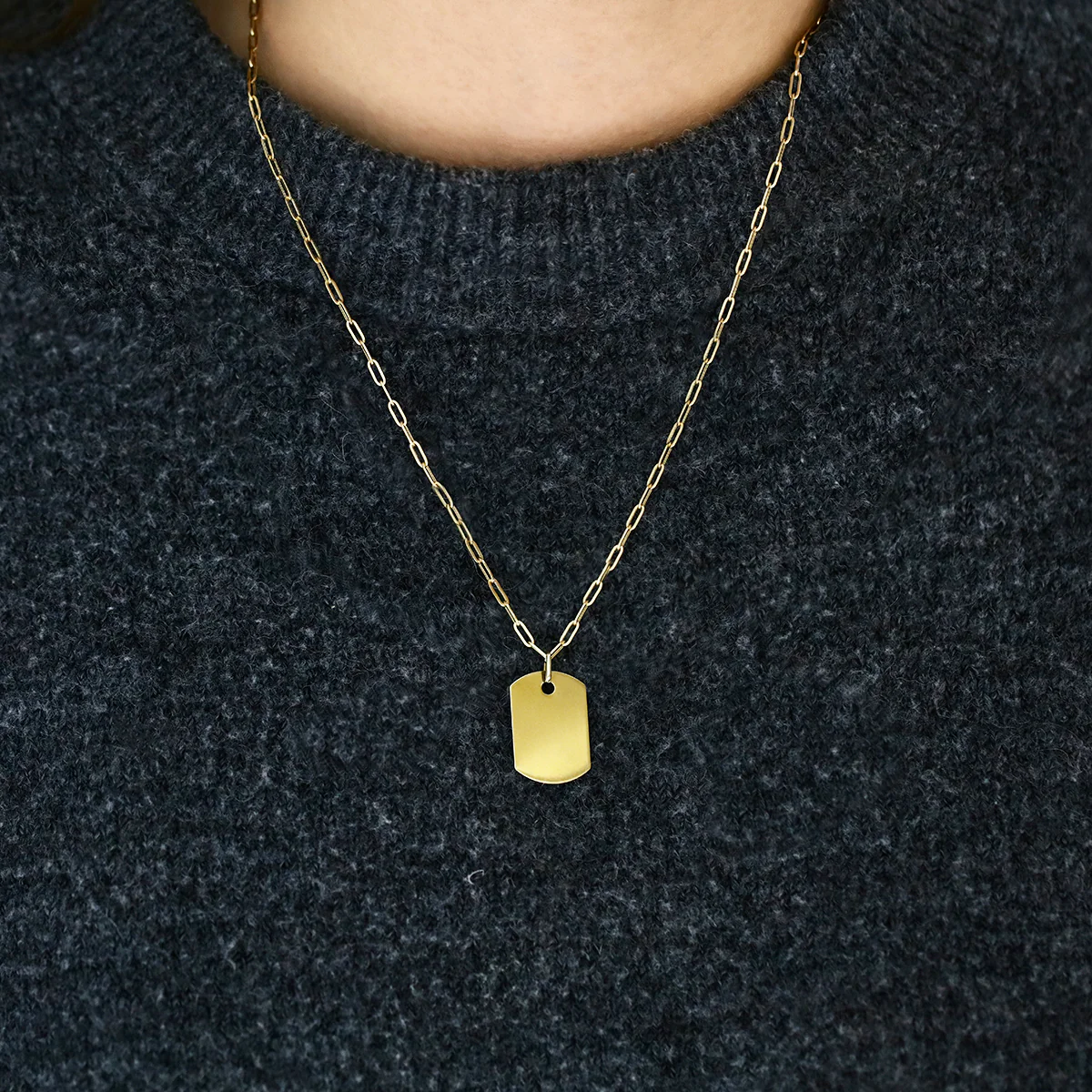 Personalised Dog Tag Pendant & 20" Petite Paperclip Necklace | 9K Yellow Gold - Image 4