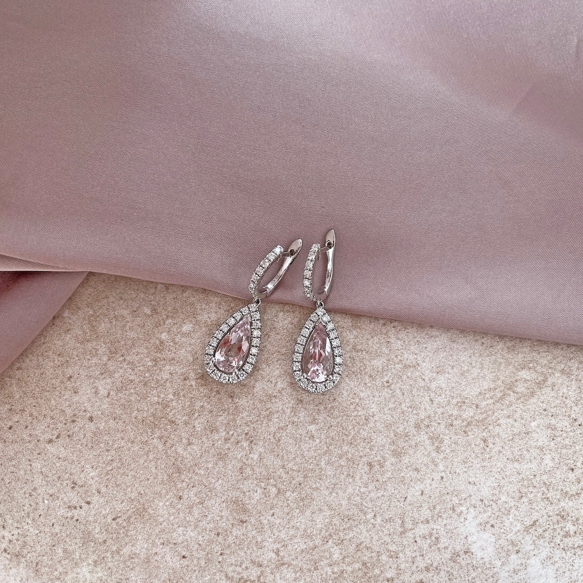 Riviera Collection Morganite & Diamond Halo Drop Earrings | 18K White Gold - Image 5