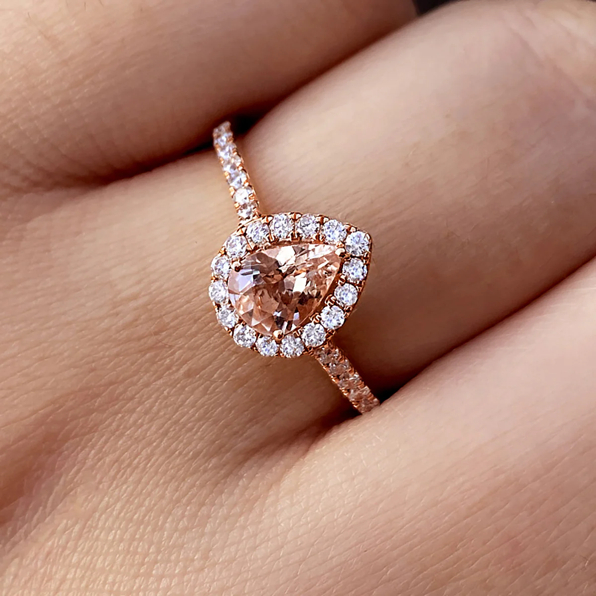 Rosa Mer Collection 0.56ct Pear Morganite & Diamond Halo Ring | 18K Rose Gold - Image 2