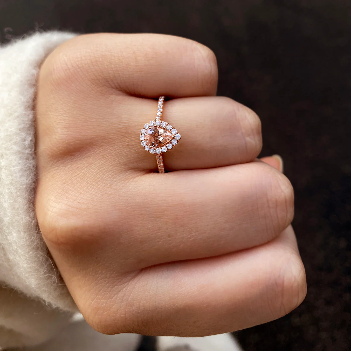 Rosa Mer Collection 0.56ct Pear Morganite & Diamond Halo Ring | 18K Rose Gold - Image 3