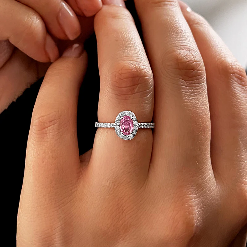 Rosa Mer Collection 0.81ct Oval Cut Pink Sapphire Halo Ring - Image 7