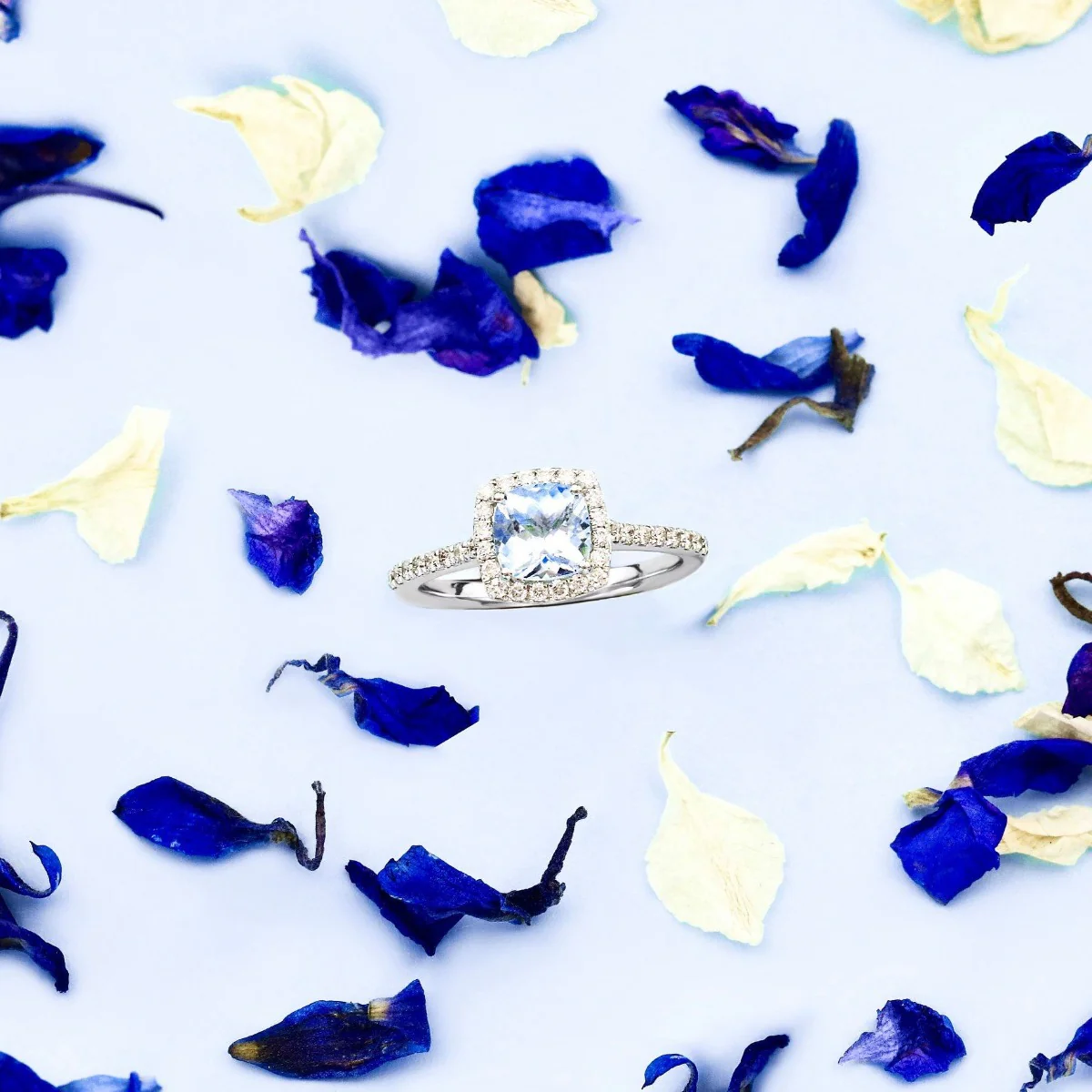 Rosa Mer Collection 0.92ct Cushion Cut Aquamarine & Diamond Halo Ring - Image 3
