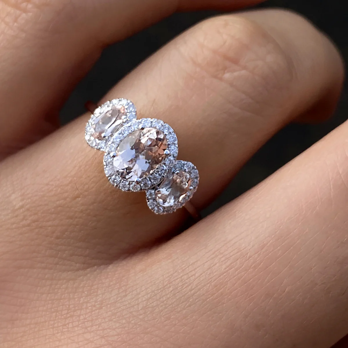 Rosa Mer Collection 1.44ct Morganite & Diamond Halo Trilogy Ring - Image 2