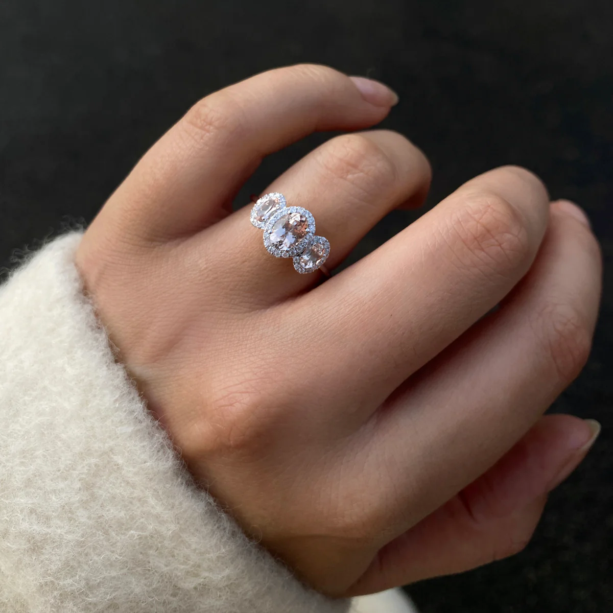 Rosa Mer Collection 1.44ct Morganite & Diamond Halo Trilogy Ring - Image 3