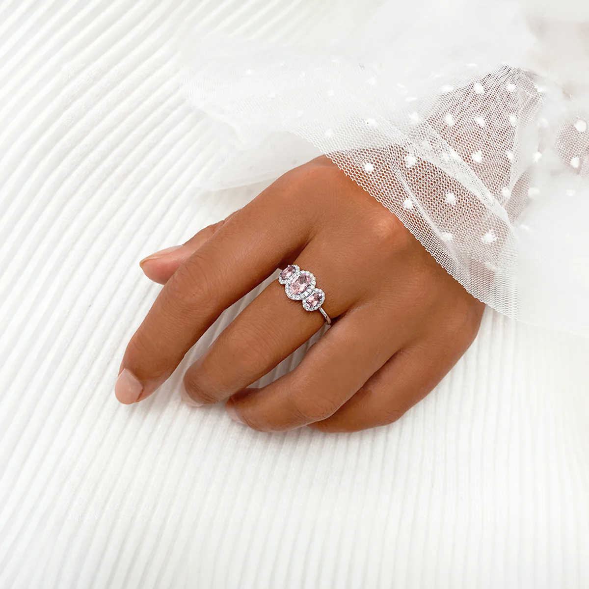Rosa Mer Collection 1.44ct Morganite & Diamond Halo Trilogy Ring - Image 7