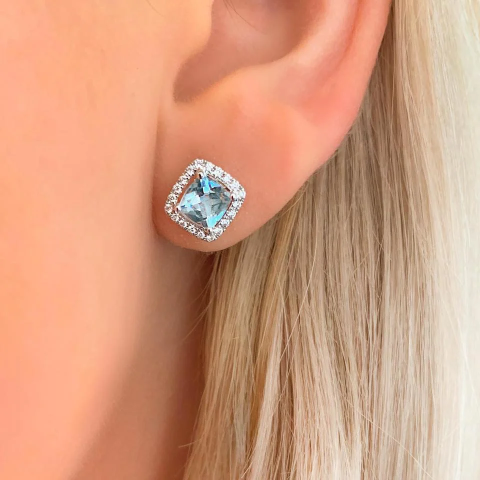 Rosa Mer Collection 2.41ct Aquamarine and Diamond Halo Stud Earrings | 18K White Gold - Image 5