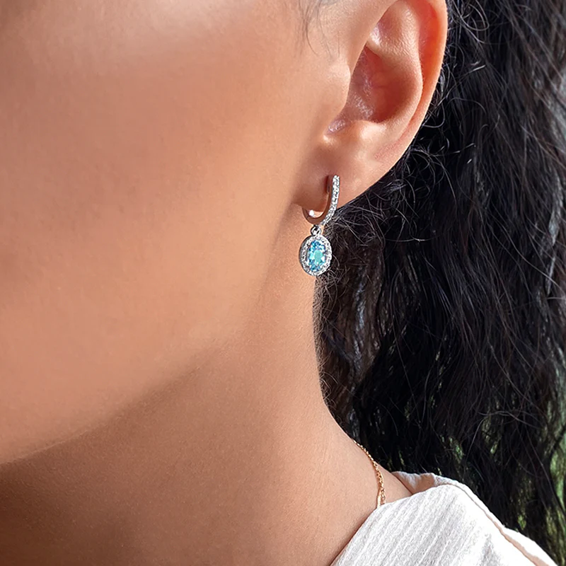Rosa Mer Collection Aquamarine & Diamond Halo Drop Earrings | 18K White Gold - Image 4