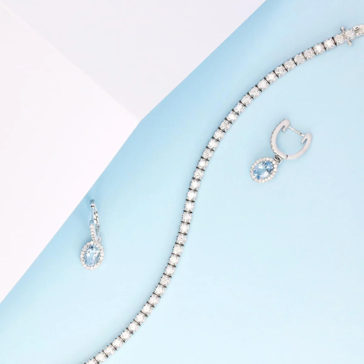 Rosa Mer Collection Aquamarine & Diamond Halo Drop Earrings | 18K White Gold - Image 6