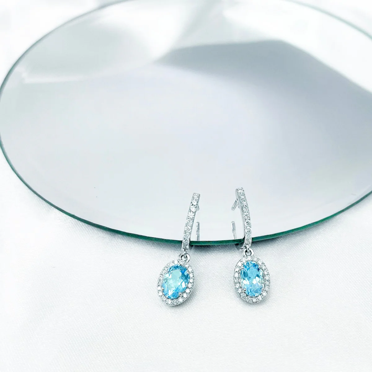 Rosa Mer Collection Aquamarine & Diamond Halo Drop Earrings | 18K White Gold - Image 7