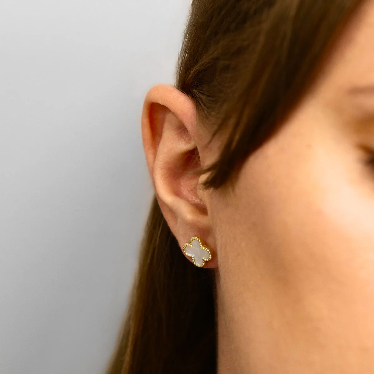 Soleil Collection 11.4mm x 11.4mm Mother of Pearl Petal Earrings | 9K Solid Yellow Gold - Image 5