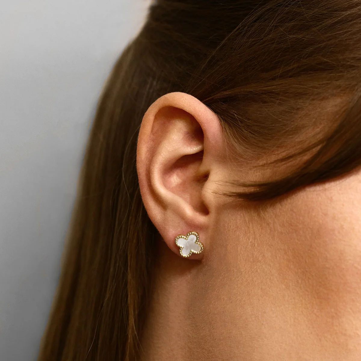 Soleil Collection 11.4mm x 11.4mm Mother of Pearl Petal Earrings | 9K Solid Yellow Gold - Image 6