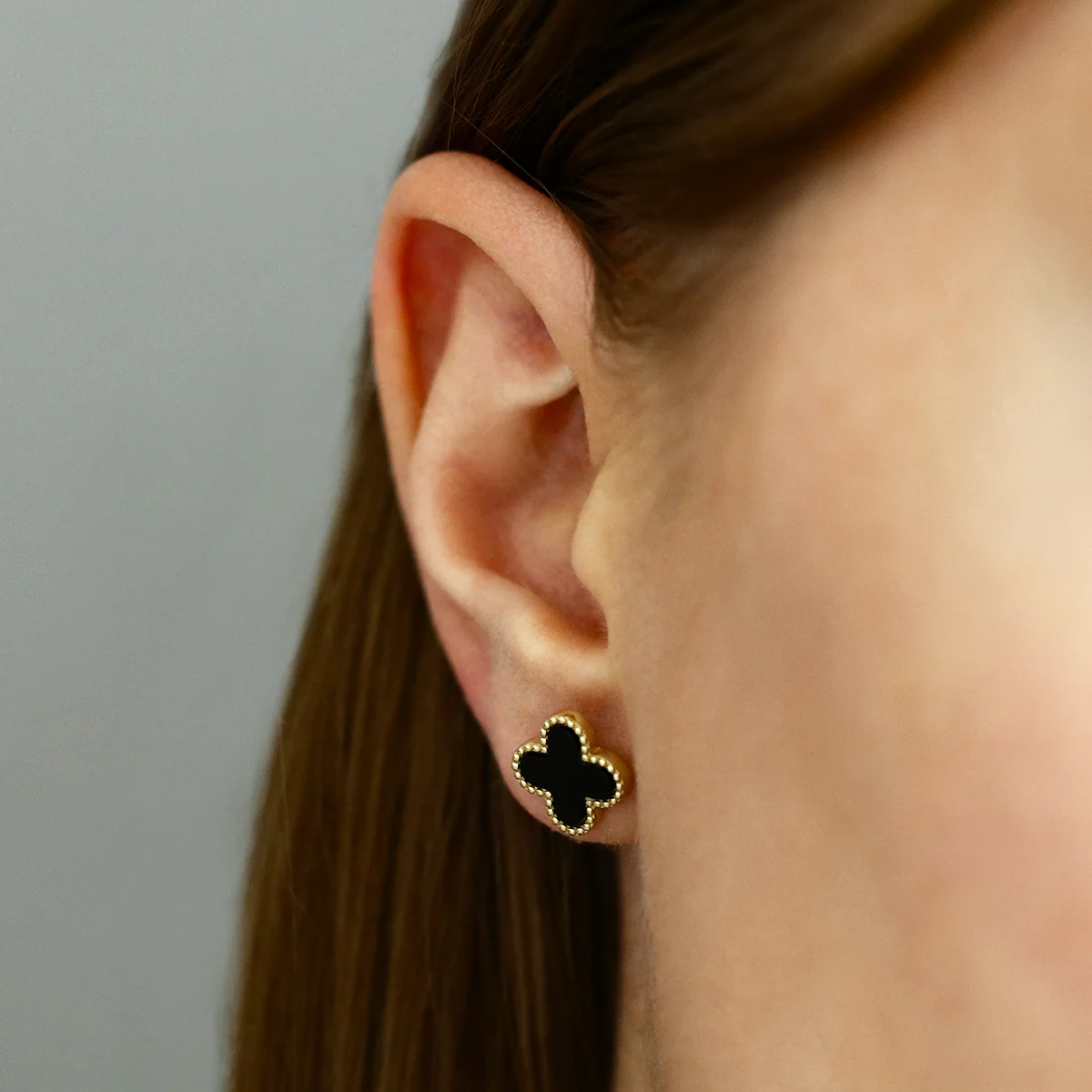 Soleil Collection 11.4mm x 11.4mm Petal Onyx Stud Earrings | 9K Solid Yellow Gold - Image 5