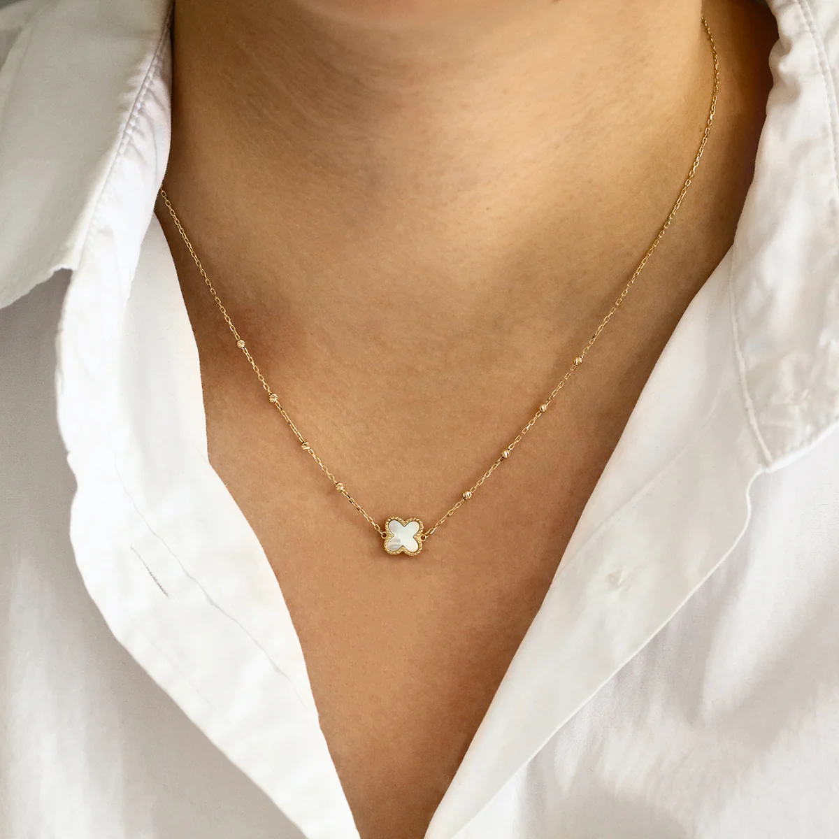 Soleil Collection 16"-17" Mother of Pearl Petal and Bead Necklace | 9K Yellow Gold - Image 4