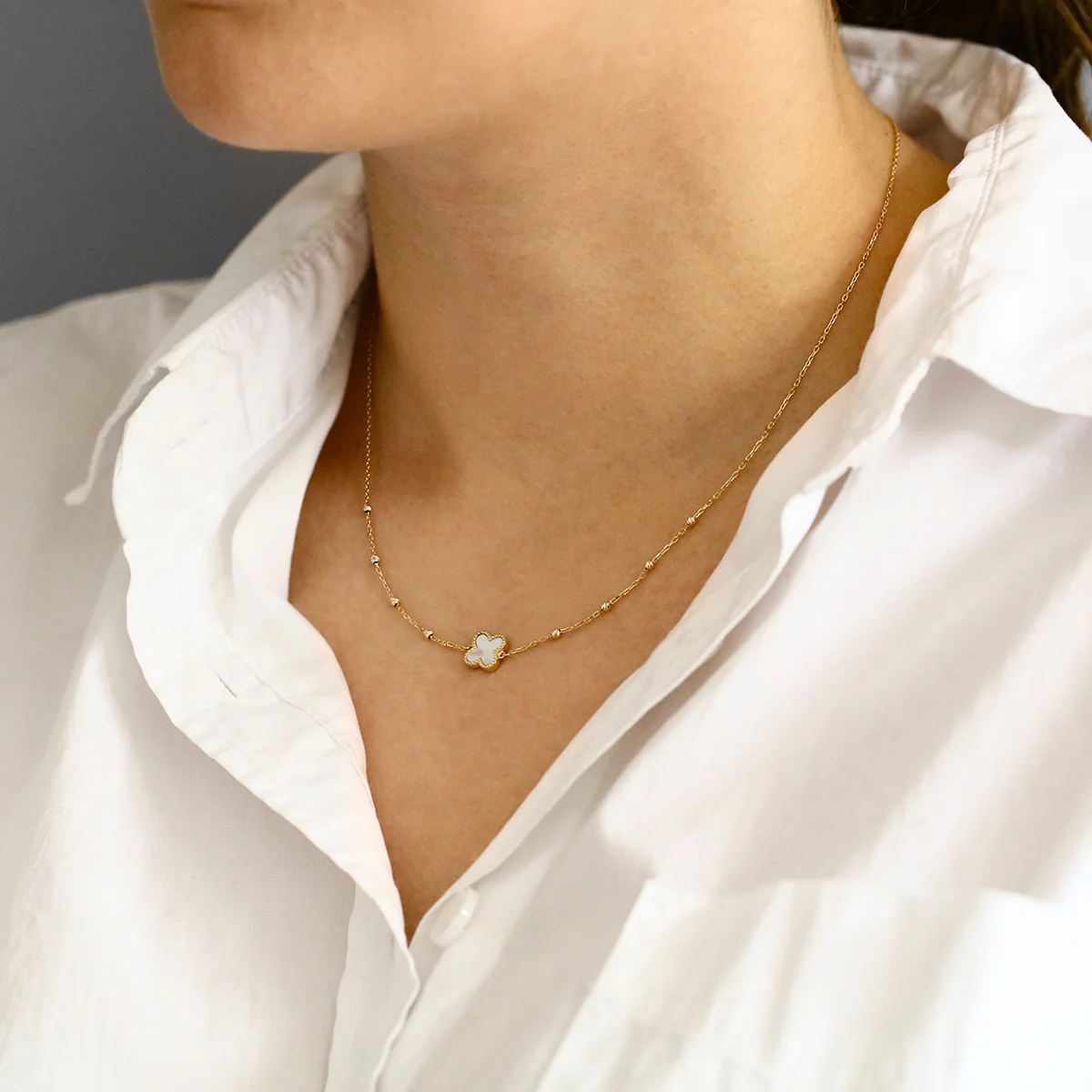 Soleil Collection 16"-17" Mother of Pearl Petal and Bead Necklace | 9K Yellow Gold - Image 5