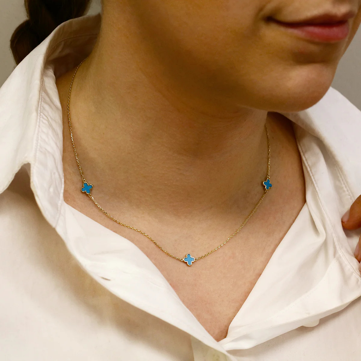 Soleil Collection 16"-17" Synthetic Turquoise Petal Necklace | 9K Solid Yellow Gold - Image 5
