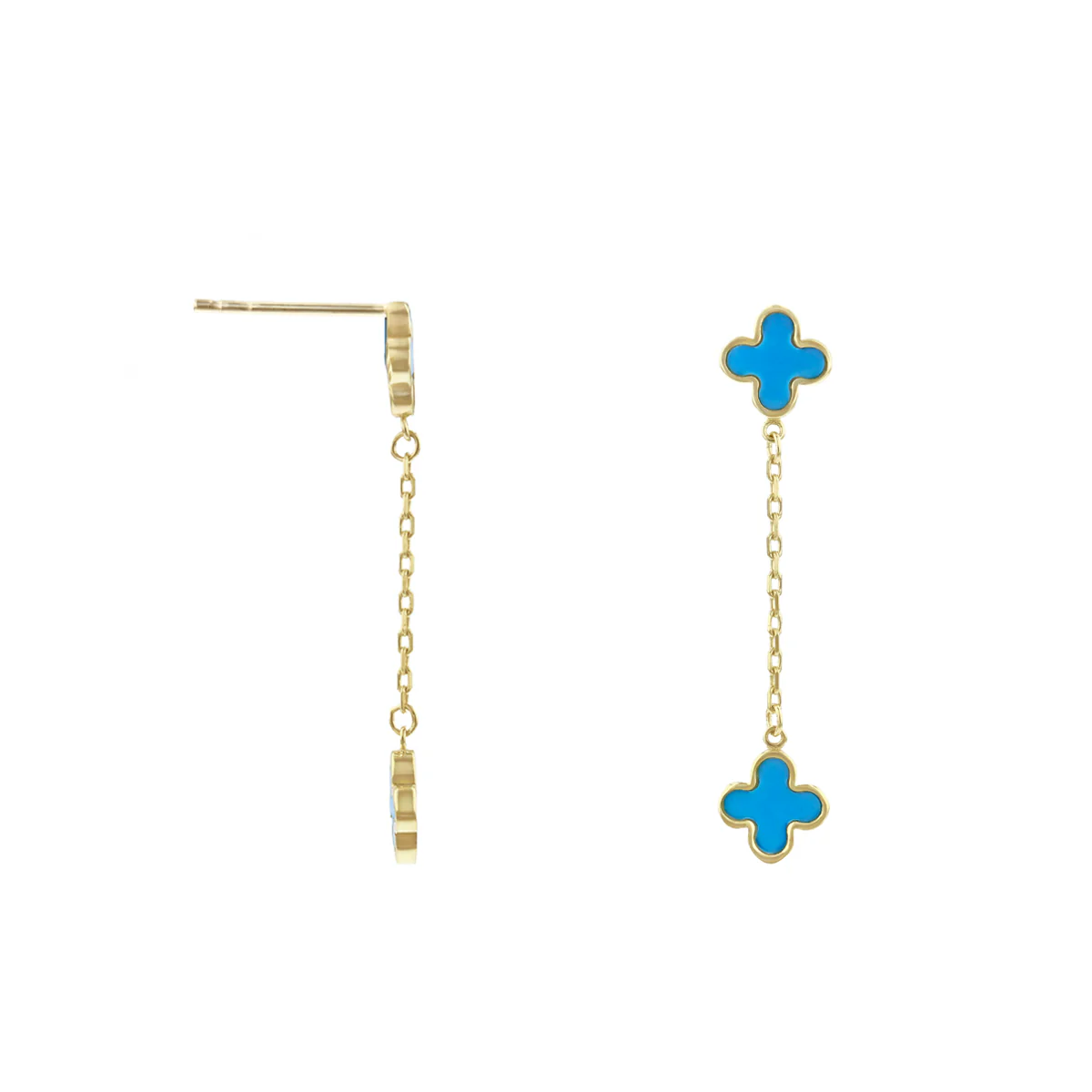 Soleil Collection Synthetic Turquoise Quatrefoil Petal Drop Earrings | 9K Solid Yellow Gold - Image 2