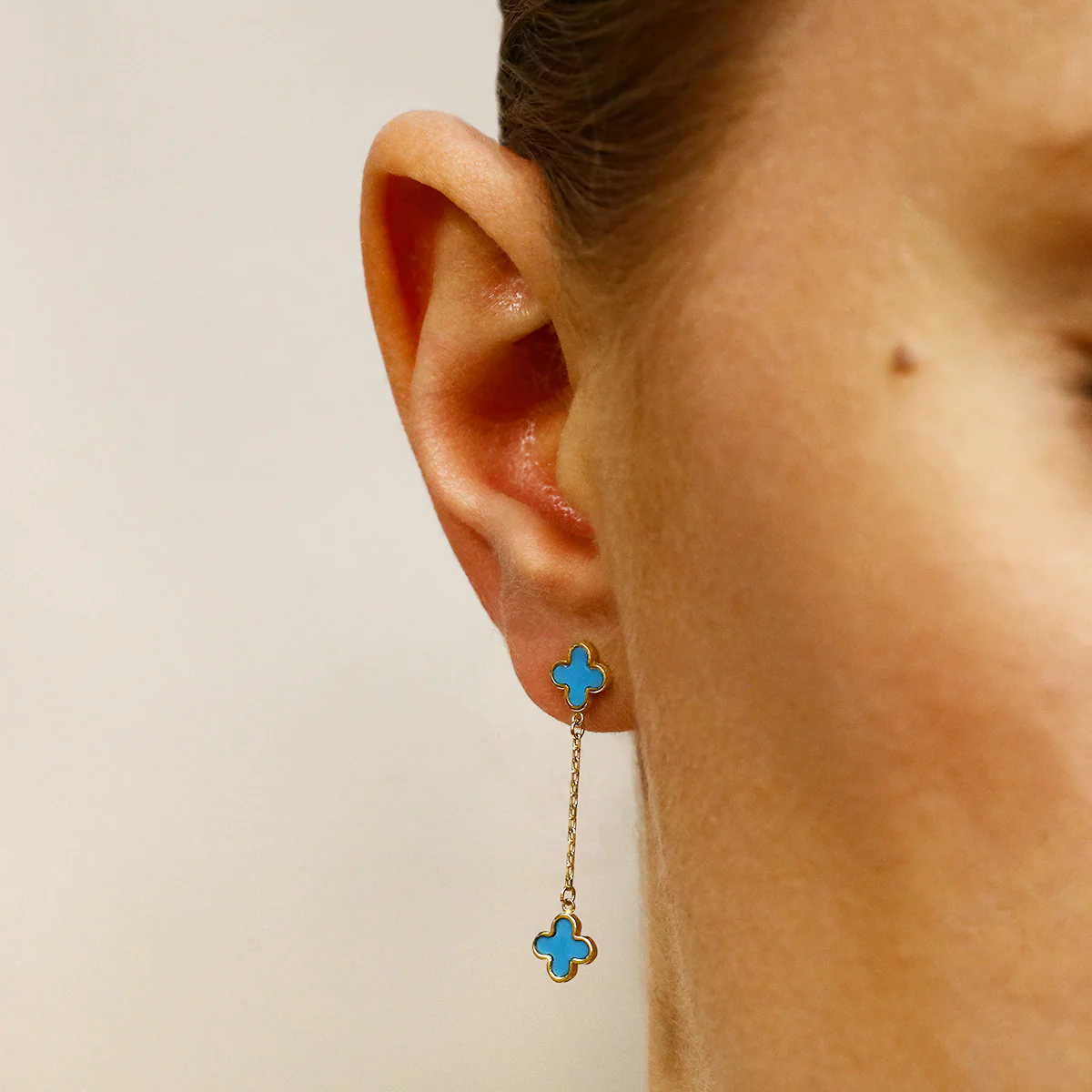 Soleil Collection Synthetic Turquoise Quatrefoil Petal Drop Earrings | 9K Solid Yellow Gold - Image 5