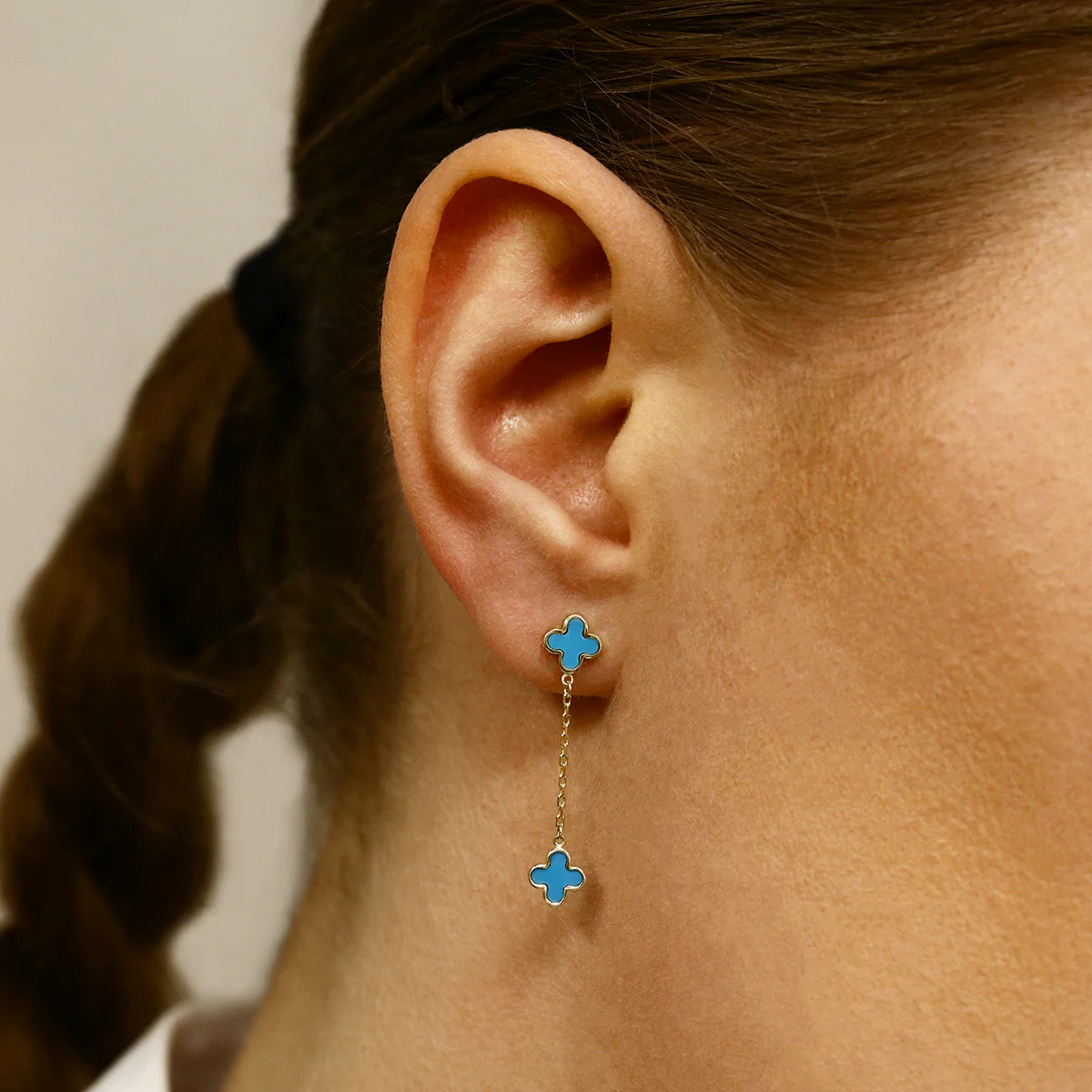 Soleil Collection Synthetic Turquoise Quatrefoil Petal Drop Earrings | 9K Solid Yellow Gold - Image 6