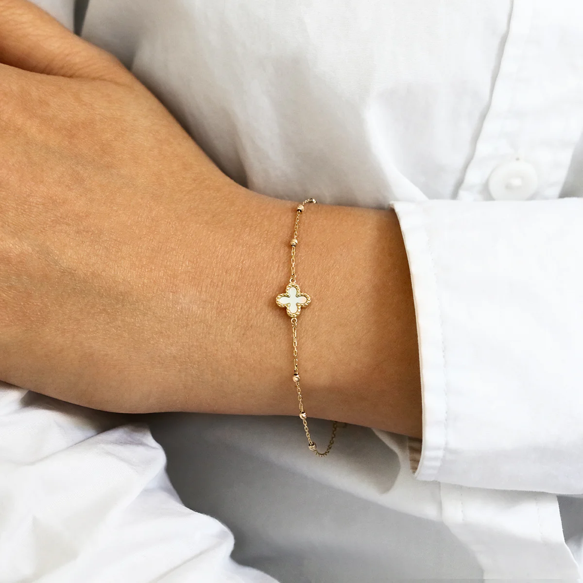 Soleil Collection 7.5"  Mother of Pearl Petal and Bead Bracelet | 9K Yellow Gold - Image 3