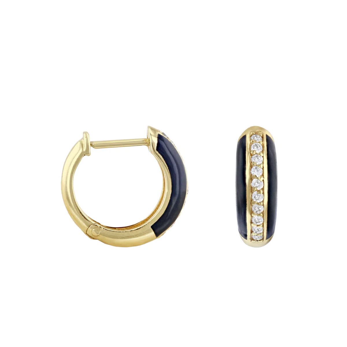 Soleil Collection Black Enamel and Diamond Huggy Earrings | 9K Solid Yellow Gold - Image 4