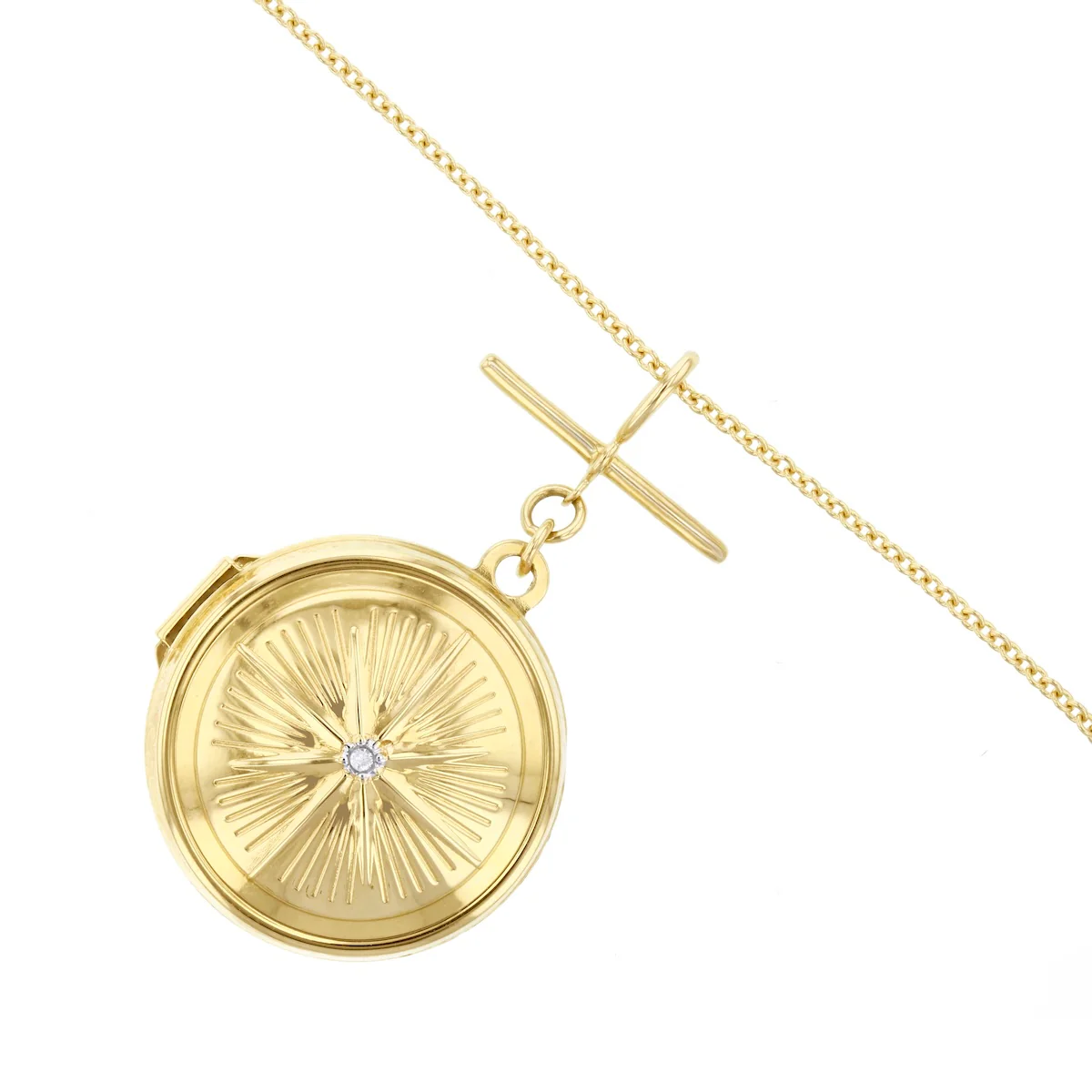 Soleil Collection Compass Design Locket with T-Bar Necklace | 9K Yellow Gold - Image 3