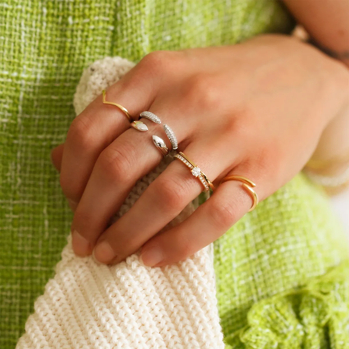 Soleil Collection Diamond Claw Stacking Ring | 9K Solid White Gold - Image 9