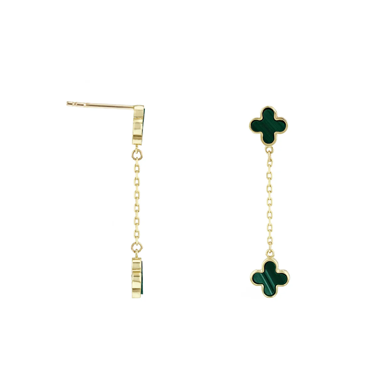 Soleil Collection Malachite Quatrefoil Petal Drop Earrings | 9K Solid Yellow Gold - Image 2