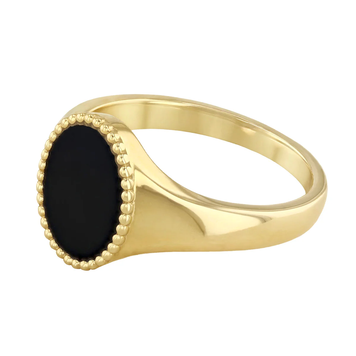 Soleil Collection Oval Agate Signet Ring with Beaded Edge Design | 9K Yellow Gold - Image 3
