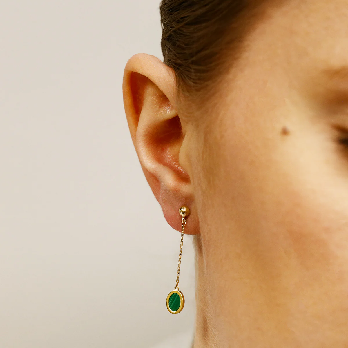 Soleil Collection Oval Malachite Drop Earrings | 9K  SolidYellow Gold - Image 5