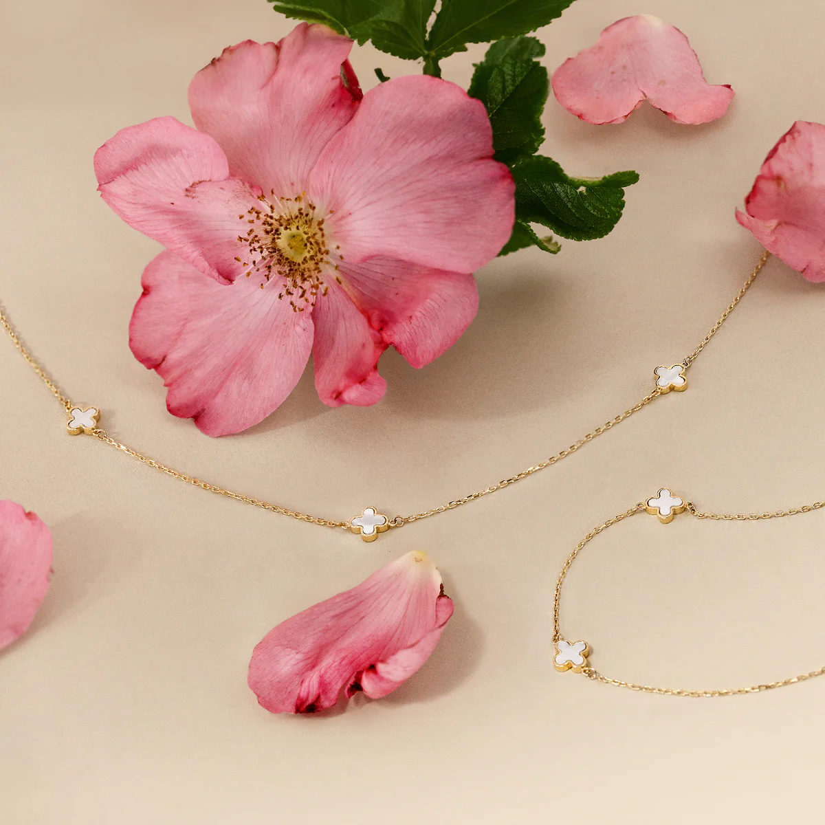 Soleil Collection 16"-17" Petal Mother Of Pearl Necklace | 9K Solid Yellow Gold - Image 8