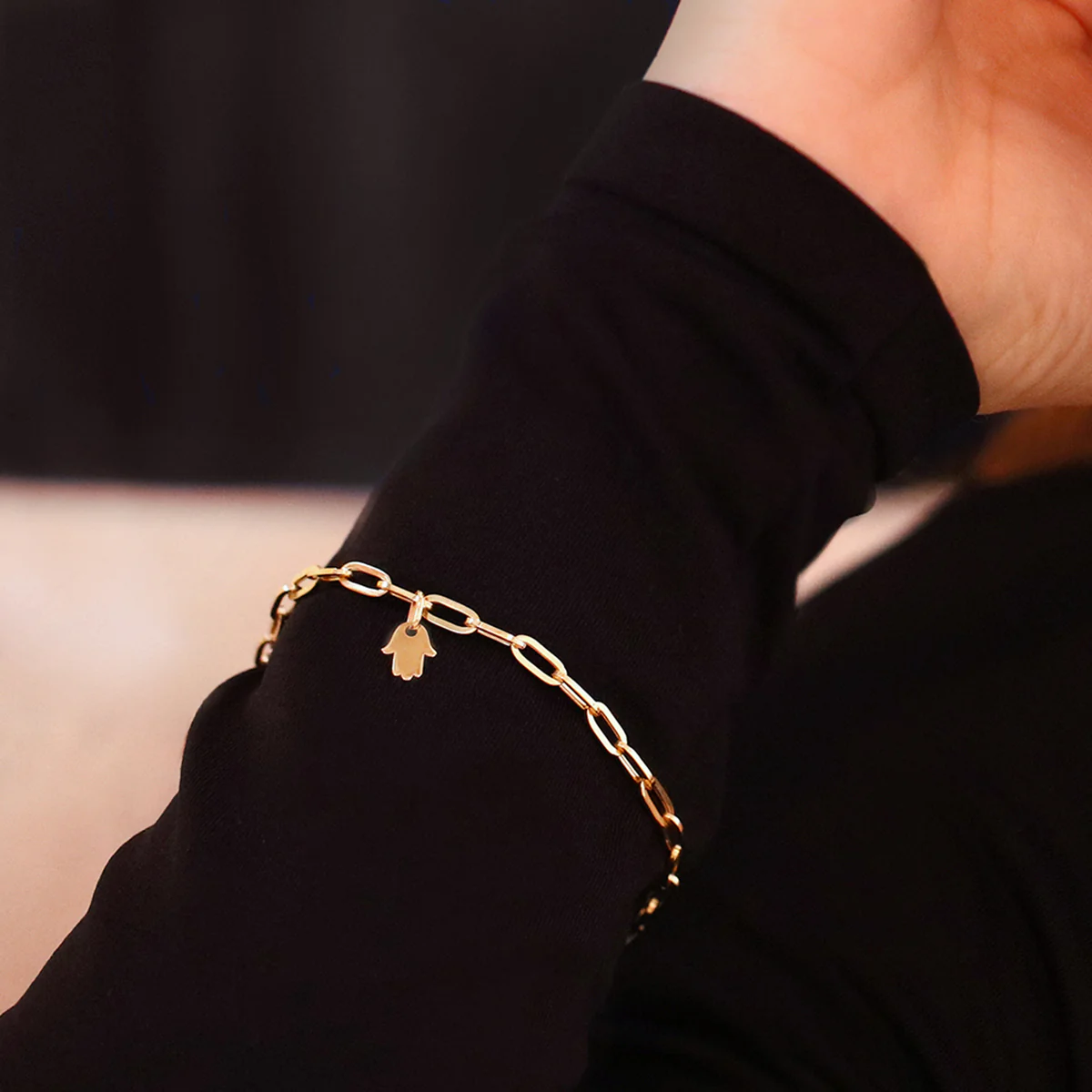 Soleil Collection Petite Hamsa Hand Paperclip Bracelet | 9K Solid Yellow Gold - Image 4