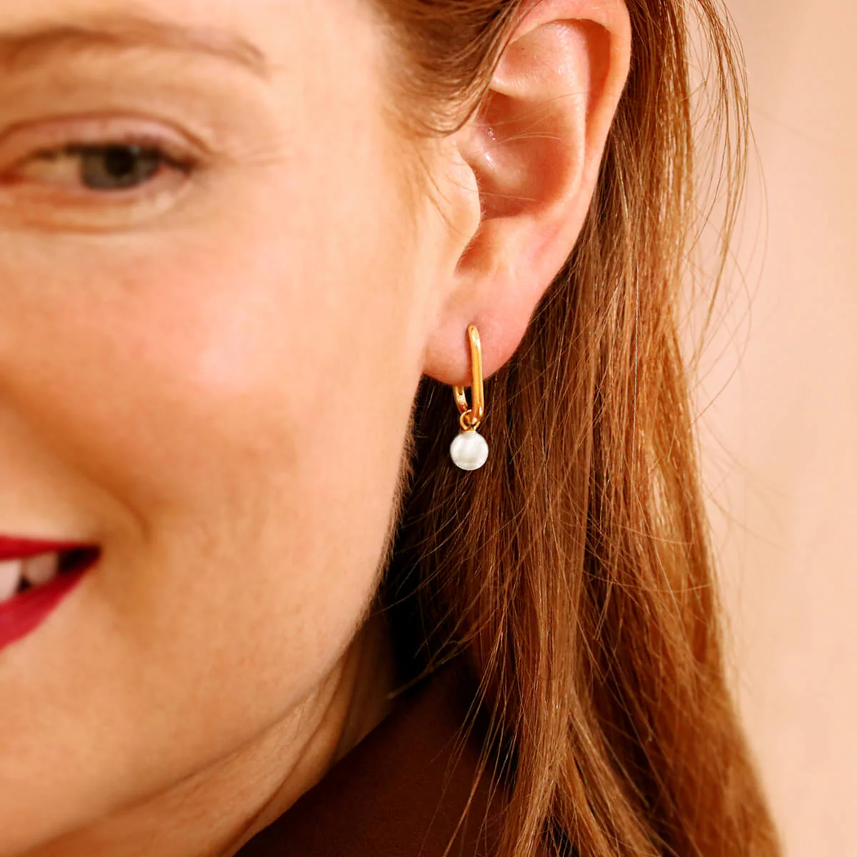 Soleil Collection Rectangular Hoop Earring With Drop Pearl | 9K Solid Yellow Gold - Image 7
