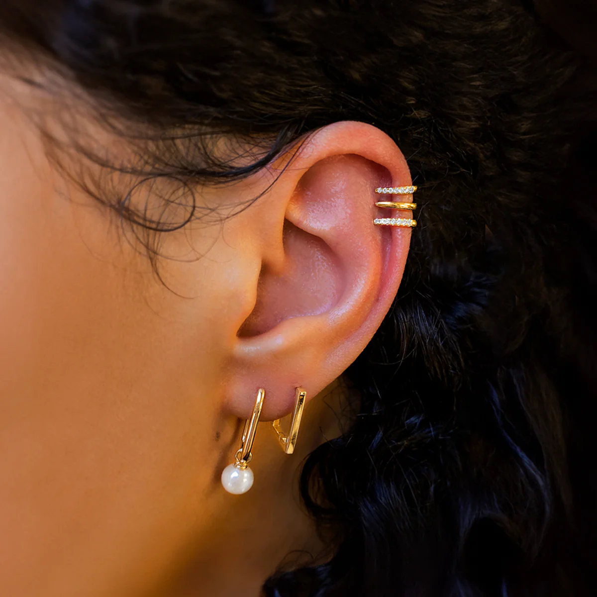 Soleil Collection Rectangular Hoop Earring With Drop Pearl | 9K Solid Yellow Gold - Image 9