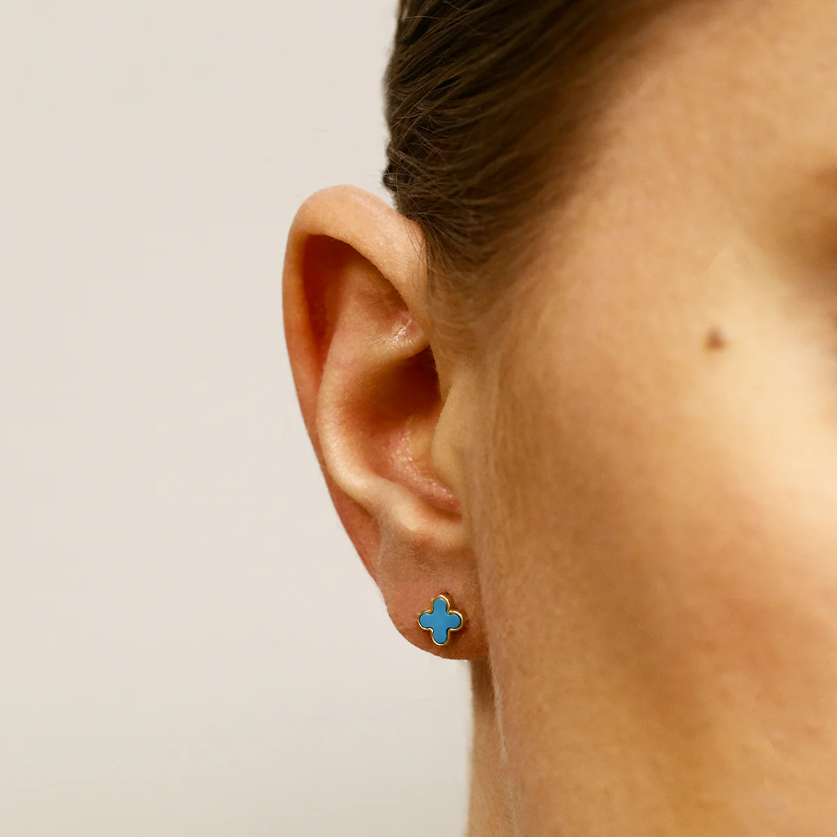 Soleil Collection Synthetic Turquoise Petal Stud Earrings | 9K Solid Yellow Gold - Image 5