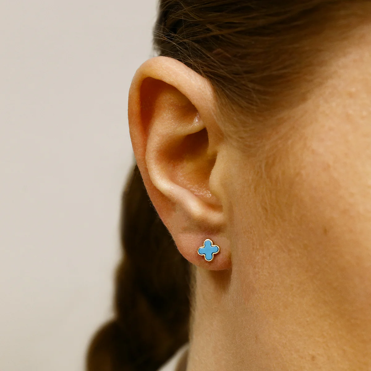 Soleil Collection Synthetic Turquoise Petal Stud Earrings | 9K Solid Yellow Gold - Image 6