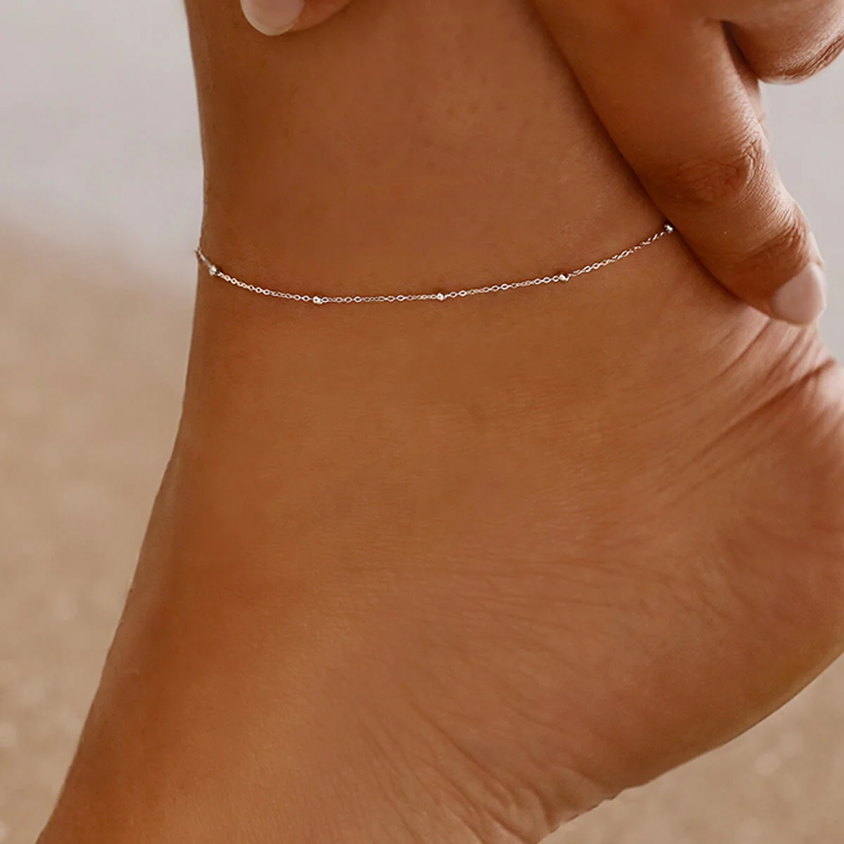 Soleil Collection Trace & Bead 10" Anklet | 9K Solid White Gold - Image 5