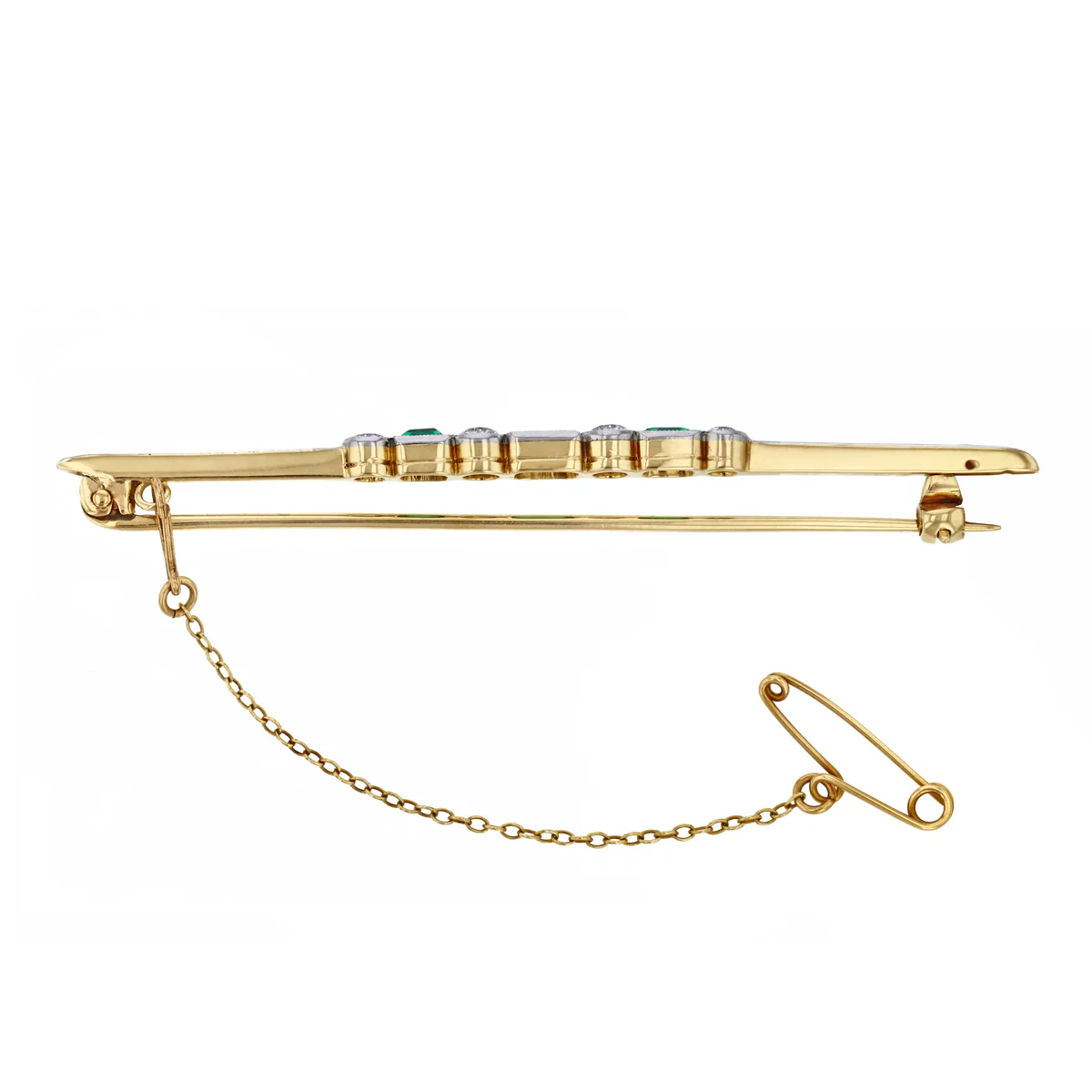Twentieth Century Synthetic Emerald and Diamond Line Bar Brooch | Pre-Loved | 15K Yellow Gold and Platinum - Image 2